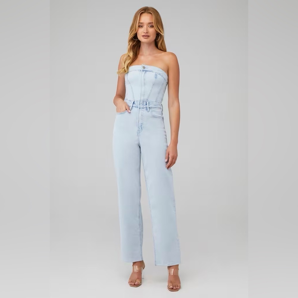 Good American Tube 90s Light Wash Denim Strapless Flare Leg Jumpsuit